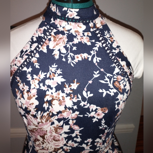 B DARLIN Printed Mock-Neck Crochet-Trim Fit & Flare Dress - Picture 2 of 5